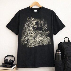 Gothic Dragon vs Knight Fantasy Art Graphic Tee | Medieval Dark Art Shirt